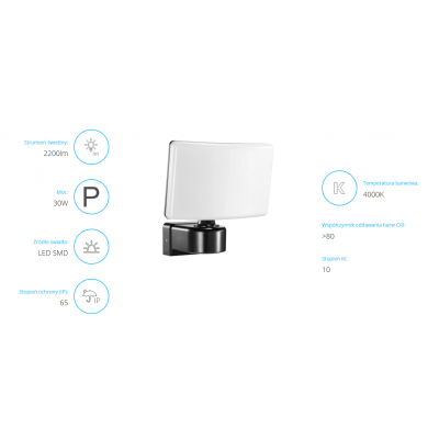 TOS LED 30W naświetlacz ogrodowy LED, 2200lm, IP65, 4000K, PC, czarny AD-NL-6148BL4 ORNO (AD-NL-6148BL4)